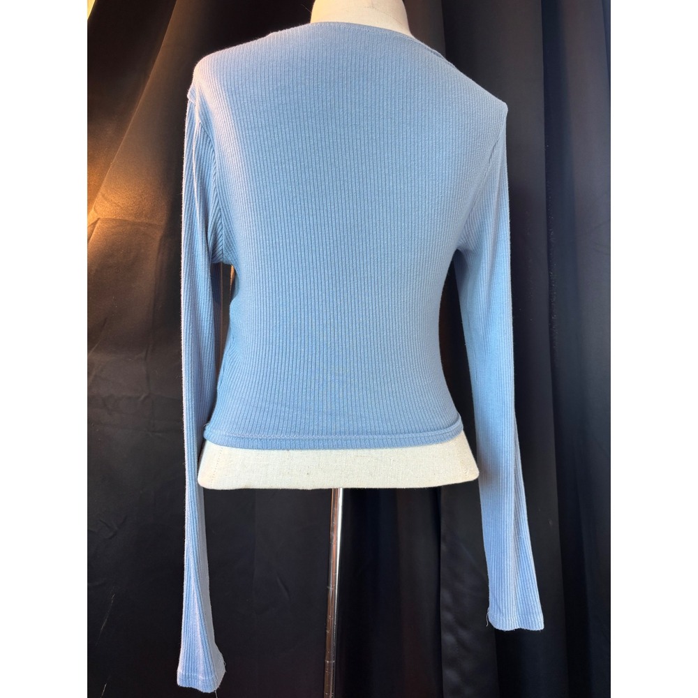 Long Sleeve Ribbed Square Neck Wrap Tie Top Dusty Blue Cropped Knit